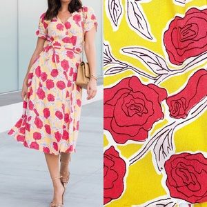 & Other Stories Floral Printed Wrap Midi Dress: Rose Print Mustard Yellow Red